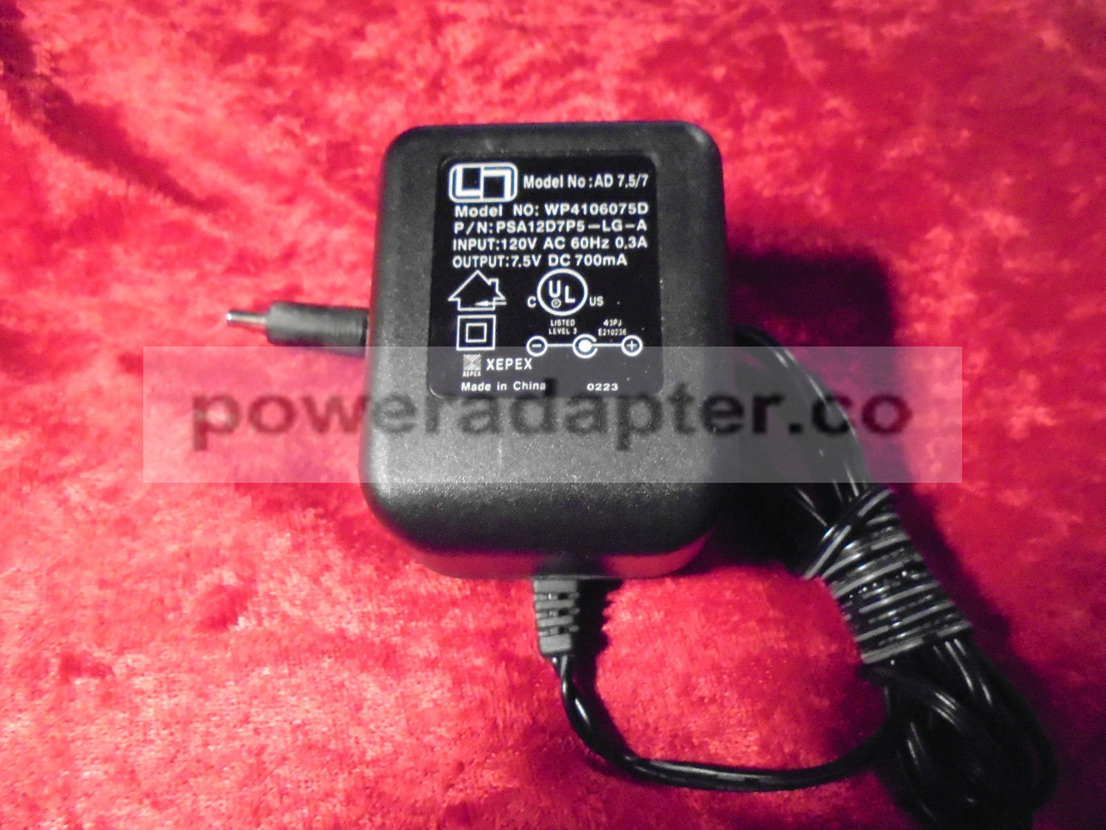 Xepex WP4106075D AD 7.5/7 AC Adapter 7.5VDC 700mA PSA12D7P5-LG-A Condition: Used: An item that has been used previo