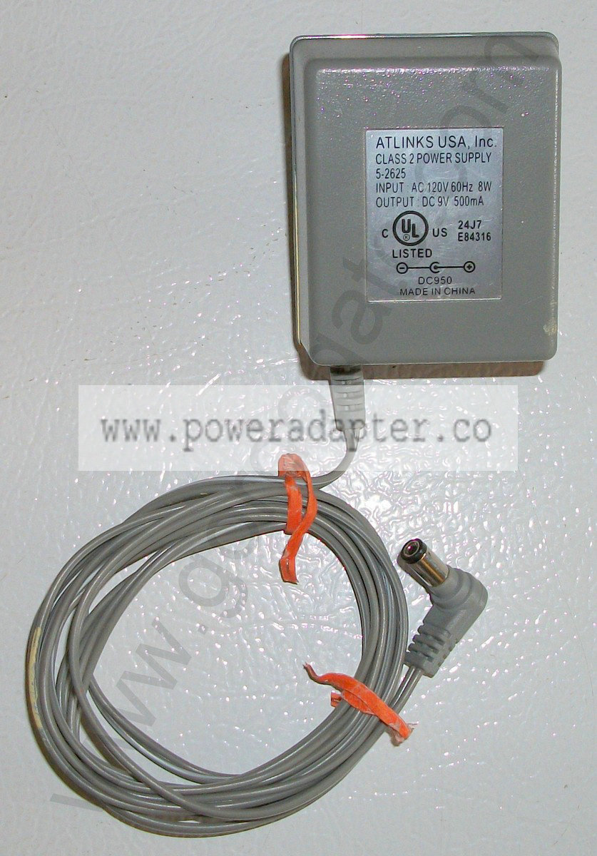 ATLINKS 5-2625 AC Adapter 9VDC 500mA Power Supply [5-2625] Input: 120VAC 60Hz 8W, Output: DC 9V 500mA. 5-2625 DC950.