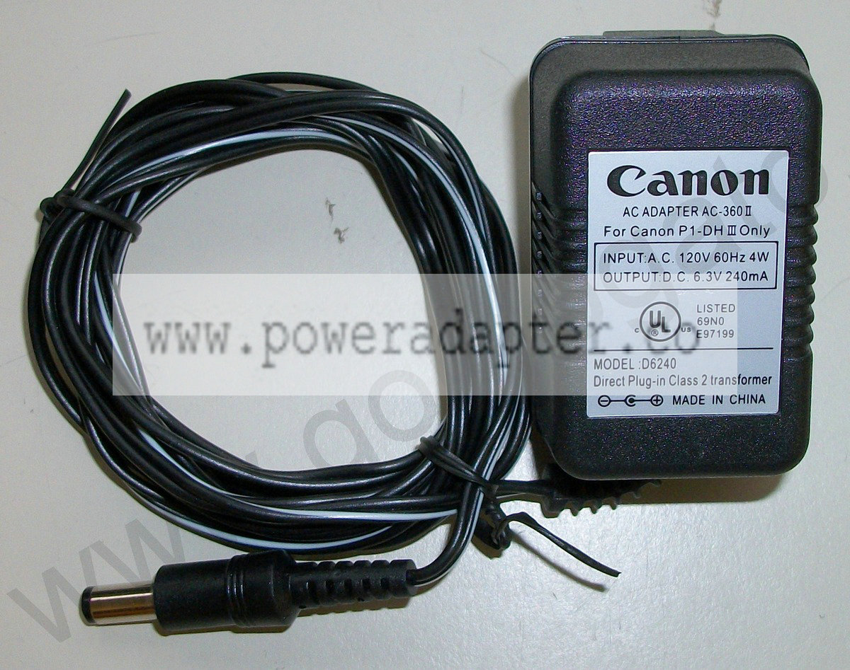 Canon AC Adapter for P1-DH III Calculator 6.3V DC, 240mA [AC-360 II] Input: 120VAC 60Hz 4W, Output: 6.3VDC 240mA. AC-3