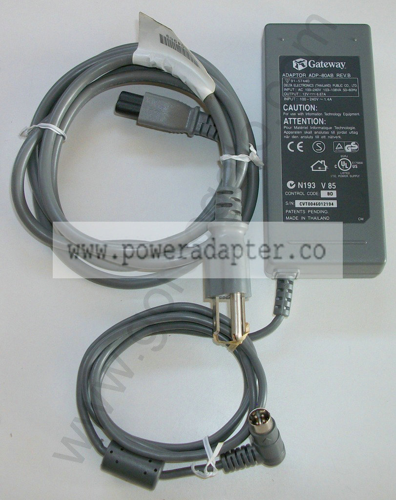 Gateway Profile 3 AC Adapter ADP-80AB 12V, 6.67A [ADP-80AB] Input: 100-240 VAC 50-60Hz 103-108VA, Output: 12VDC 6.67A