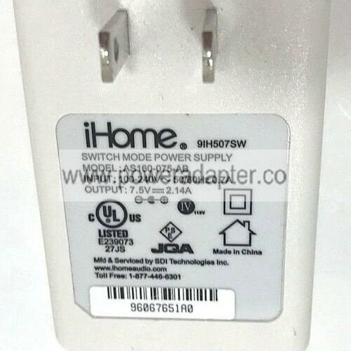 iHOME AS160-075-AB Switching Mode Power Supply Cord 7.5V 2.14A AC Adapter Plug Model: AS160-075-AB Brand: ihome Typ