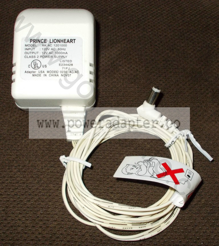Prince Lionheart RK AC 1201000 AC Adapter Power Supply [RK AC 120100] Input: 120VAC 60Hz, Output: 12V AC 1000mA. Model