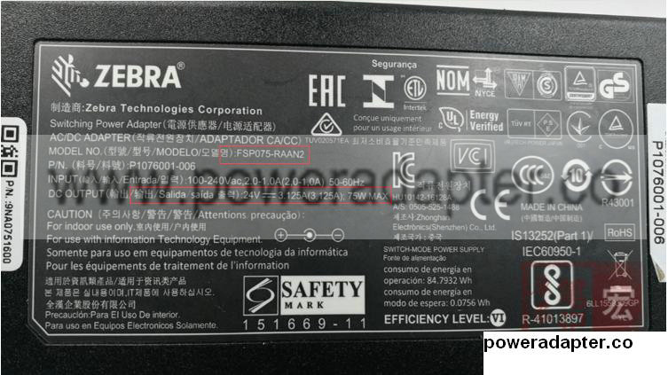 original Zebra 24V 3.125A 75W FSP075-RAAN2 Printer AC Power Adapter Cord Charger printer power adapter