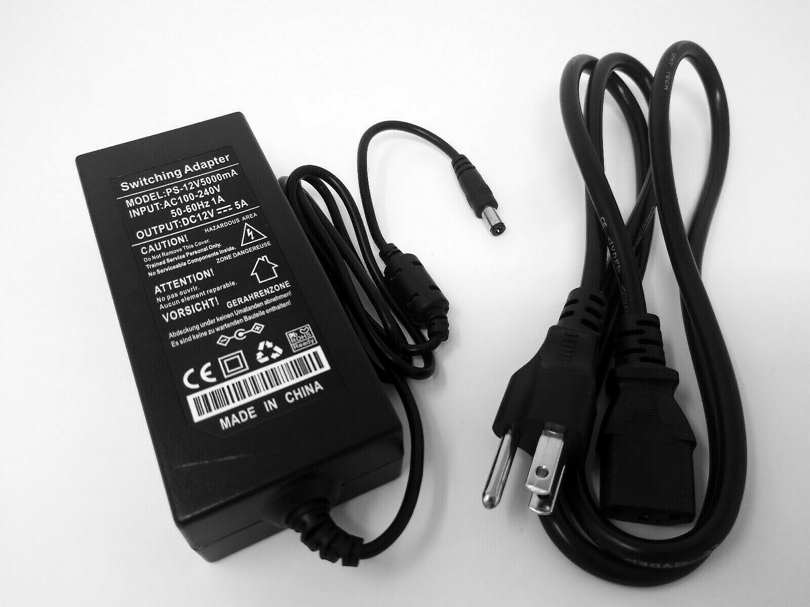 AC to DC Adapter 12V 5A 60W Power Supply CCTV 5050 3528 Flexible LED Strip Light Connectors: 3 Pin Model: PS-12V5000m