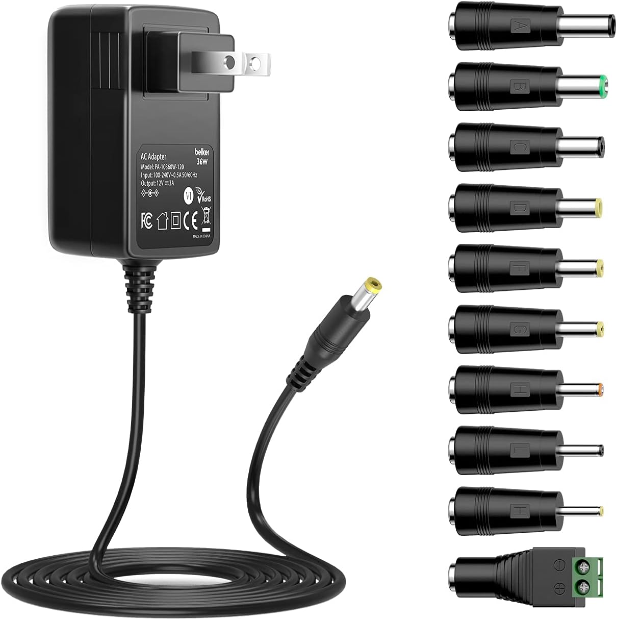 12V 3A 2.5A AC DC Power Adapter Supply Cord Wall Charger for 12 Volt Electronics - 3000mA Max. Connector Type Barrel Co