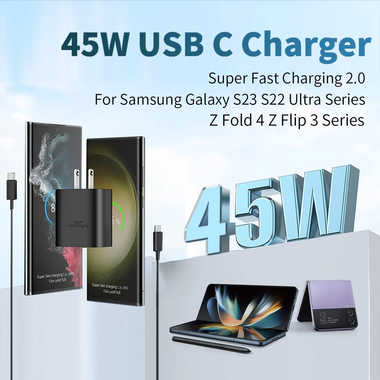 45W Super Fast Charger,Galaxy Z Flip USB C Wall Charger Block with 5FT Flip Type C Charging Cable for Samsung Galaxy z F