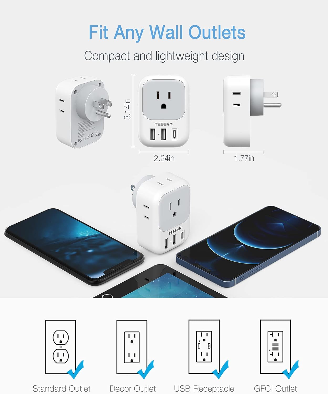 USB Wall Charger, USB Plug Adapter Outlet Extender, TESSAN 3 USB Block (1 USB C Port), Multi Charging Station for Cruise