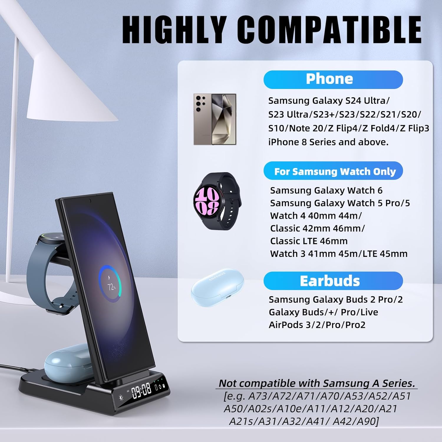 Wireless Charger for Samsung Charging Station, 3 in 1 Android Phone Trio Multiple Devices Charger for Samsung Galaxy S24