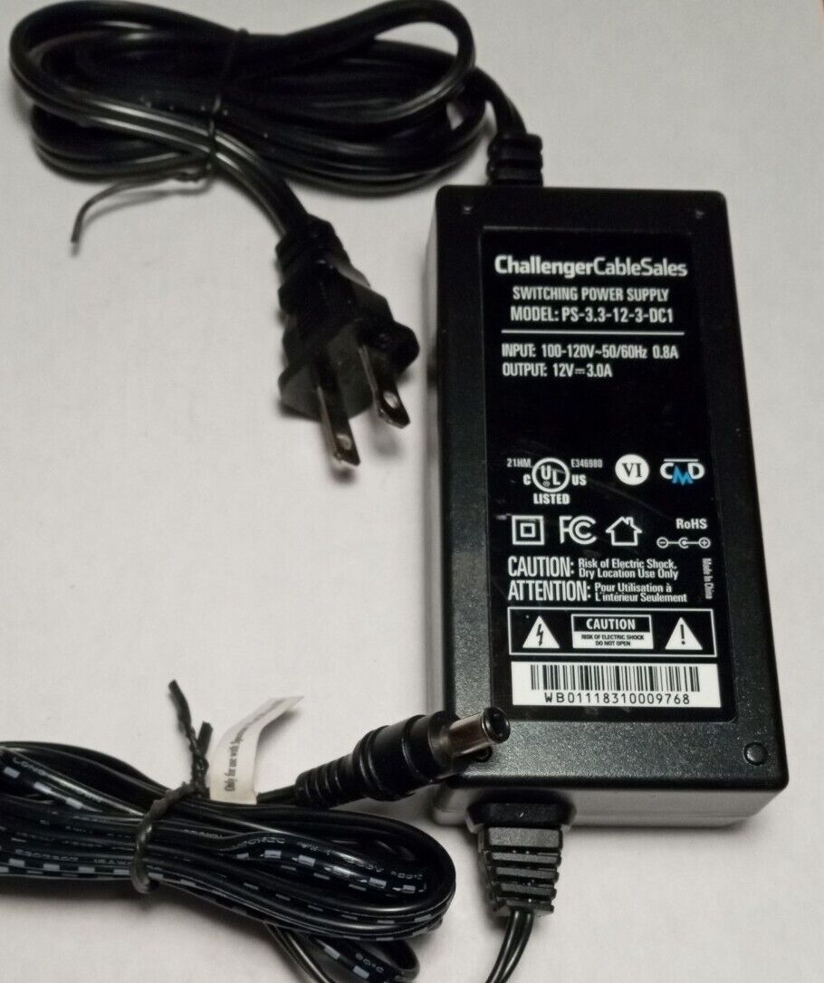 Challenger Cable Sales Switching Power Supply PS-3.3-12-3-DC1 12V 3.0A (Tested) Compatible Brand: Spectrum Brand: Ch