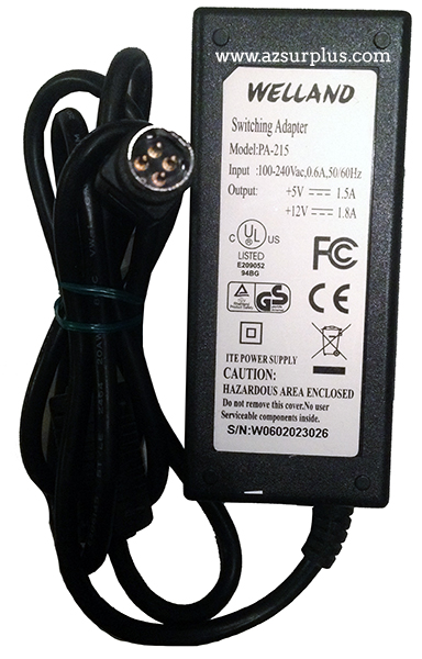 WELLAND PA-215 AC ADAPTER +5VDC 1.5A +12V 1.8A 4PIN 10mm ITE POWER SUPPLY