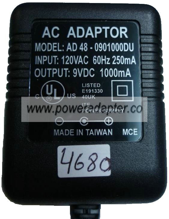 AD 48-0901000DU AC ADAPTER 9VDC 1A PLUG IN CLASS 2 TRANSFORMER - Click Image to Close