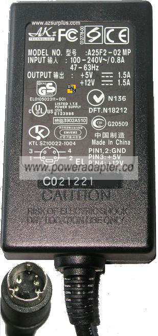 AKII Technology A25F2-02 MP AC adapter 5Vdc 12Vdc 1.5A 25W Power - Click Image to Close