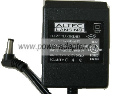 ALTEC LANSING 9701-00535-1UND AC ADAPTER 15V DC 300mA -( )- 2x5. - Click Image to Close