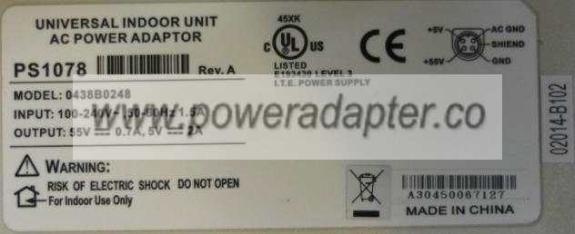 ALVARION 0438B0248 AC ADAPTER 55V 2A UNIVERSAL POWER SUPPLY - Click Image to Close