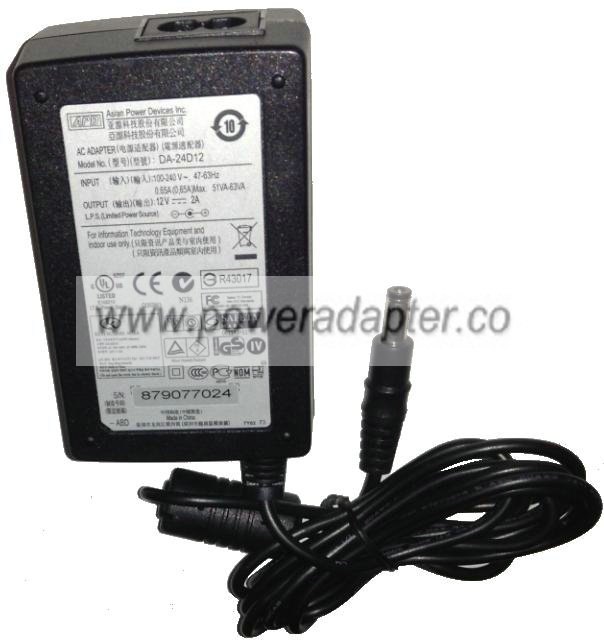 APD ASIAN POWER DEVICES DA-24D12 AC ADAPTER 12V DC 2A Used 2.2x5 - Click Image to Close