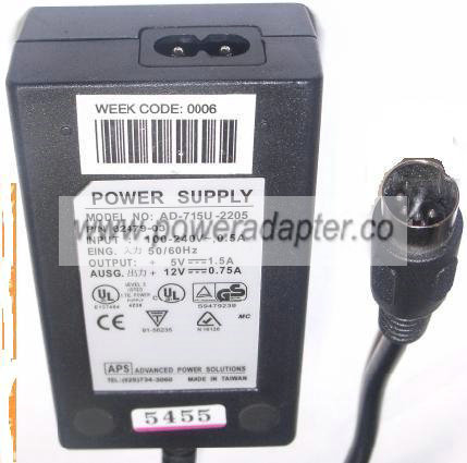 APS AD-715U-2205 AC ADAPTER 5Vdc 12Vdc 1.5A 5PIN DIN 13mm Used P - Click Image to Close