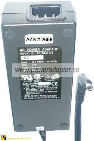 APS AD-850-06 AC ADAPTER 12VDC 5A -( )- 2.5x5.5mm 100-240Vac 50W - Click Image to Close
