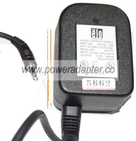 APX ELO AP2771 AC ADAPTER 5V 300mA PLUG IN POWER SUPPLY - Click Image to Close