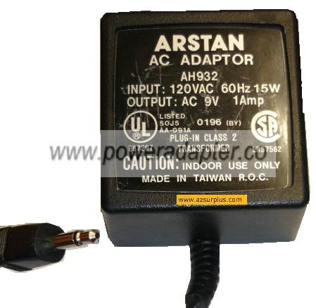 ARSTAN AH932 AC ADAPTER 9V 1AmP PLUG IN CLASS 2 TRANSFORMER - Click Image to Close