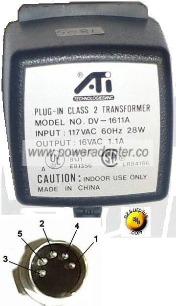 ATI DV-1611A AC ADAPTER 16V 1.1A 5 PIN DIN CONNECTOR TRANS - Click Image to Close