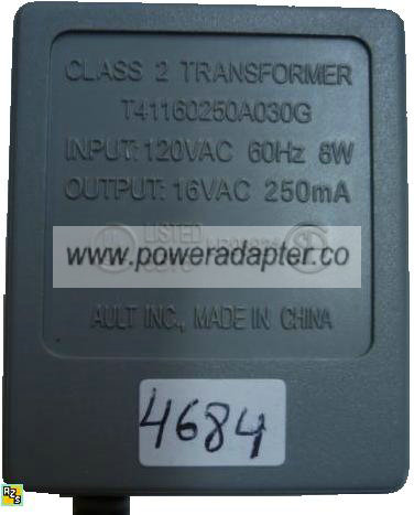 AULT T41160250A030G AC ADAPTER 16V 250MA 8W CLASS 2 TRANSFORMER - Click Image to Close