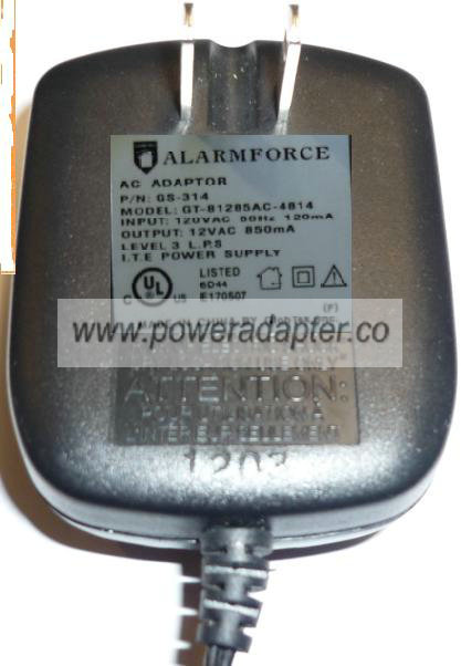 AlarmForce GT-81285-4814 AC Adapter 12VAC 850mA ~(~) 2x5.5mm Use - Click Image to Close