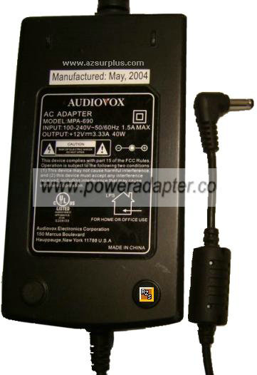 Audiovox MPA-690 AC Adapter 12VDC 3.33A 40W Power Supply DVD Pla - Click Image to Close