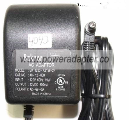 BAKNOR BK 1280-A8199F2N AC ADAPTER 12VDC 800mA Used (-) 2.5x5. - Click Image to Close