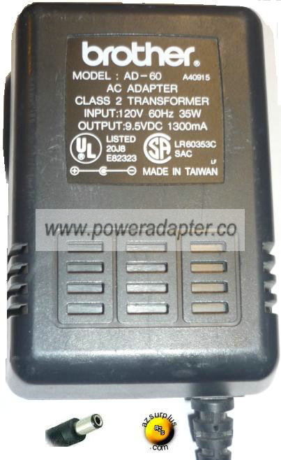 BROTHER AD-60 AC ADAPTER 9.5VDC 1300mA (-) 2x5.5mm Used 120vac - Click Image to Close