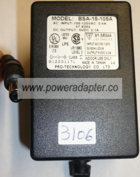 PRO-TECHNOLOGY BSA-15-105A AC ADAPTER 5V 2.1A I.T.E POWER SUPPLY - Click Image to Close