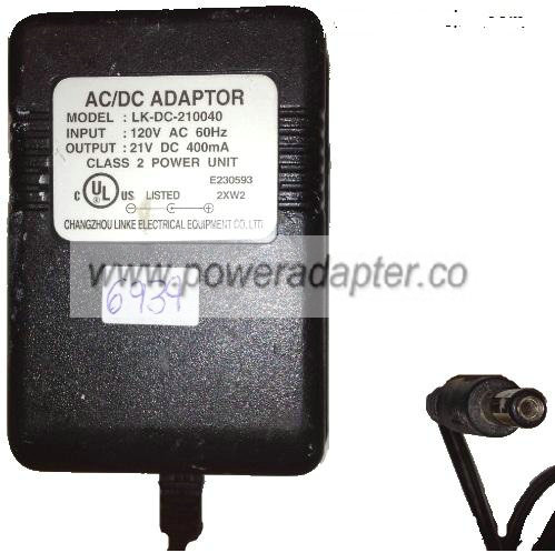 CHANGZHOU LINKIE LK-DC-210040 AC ADAPTER 21VDC 400mA Used 2.1 x - Click Image to Close