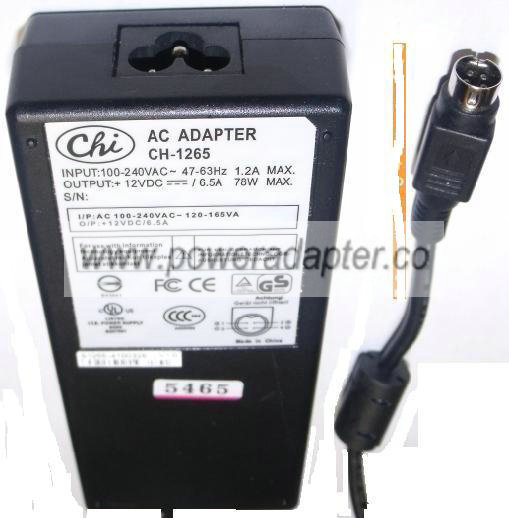 CHI CH-1265 AC ADAPTER 12V 6.5A LCD MONITOR POWER SUPPLY - Click Image to Close