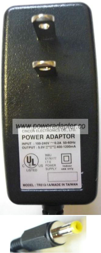 CINCON TR513-1A AC ADAPTER 5V 400mA TRAVEL CHARGER - Click Image to Close