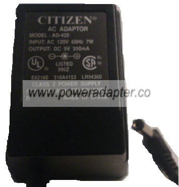 CITIZEN AD-420 AC ADAPTER 9VDC 350mA NEW 2 x 5.5 x 9.6mm - Click Image to Close