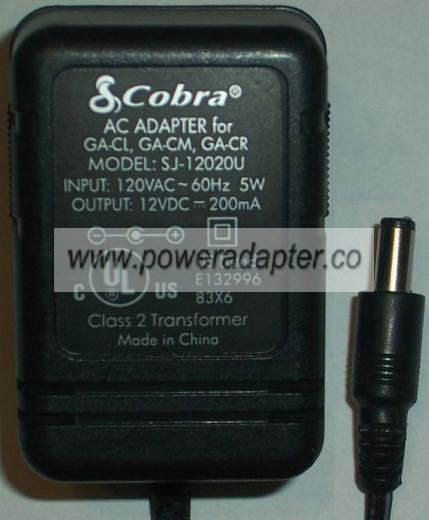 COBRA SJ-12020U AC DC ADAPTER 12V 200MA POWER SUPPLY - Click Image to Close