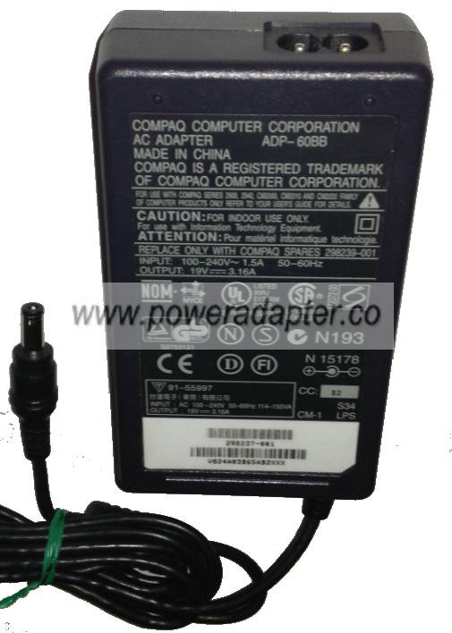 COMPAQ ADP-60BB AC ADAPTER 19VDC 3.16A Used 2.5x5.5mm -( )- 100- - Click Image to Close
