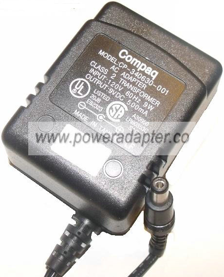 COMPAQ CP-340630-001 AC ADAPTER 9VDC 500mA - ---C--- Used 2.2 x - Click Image to Close