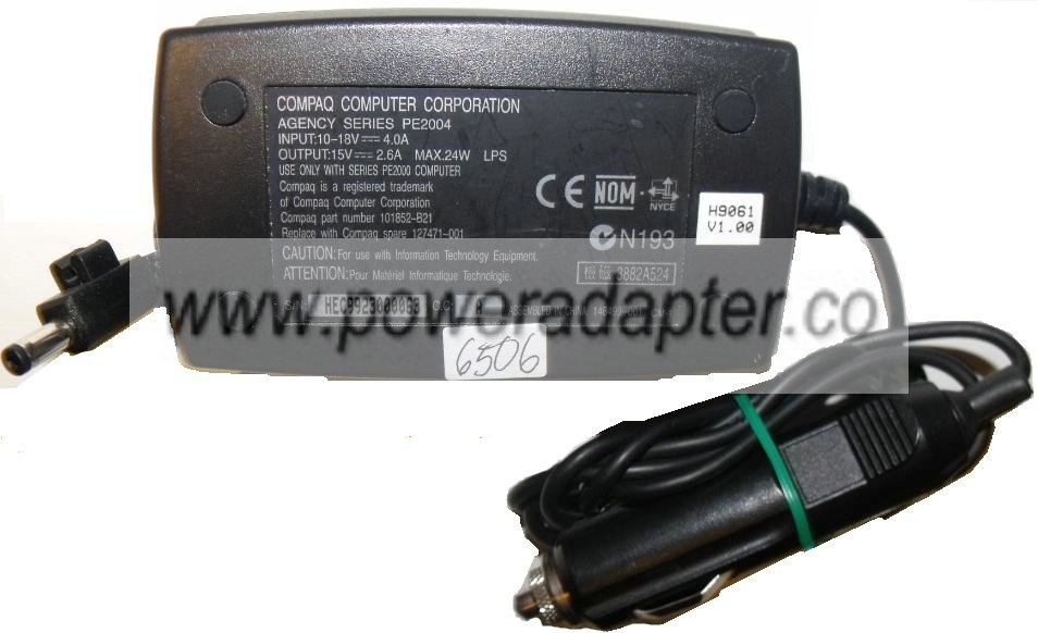 COMPAQ PE2004 AC ADAPTER 15V 2.6A Used 2.1 x 5 x 11 mm 90 Degree - Click Image to Close