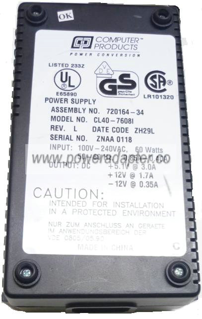 COMPUTER PRODUCTS CL40-76081 POWER CONVERSION 12V 0.35A POWER SU - Click Image to Close
