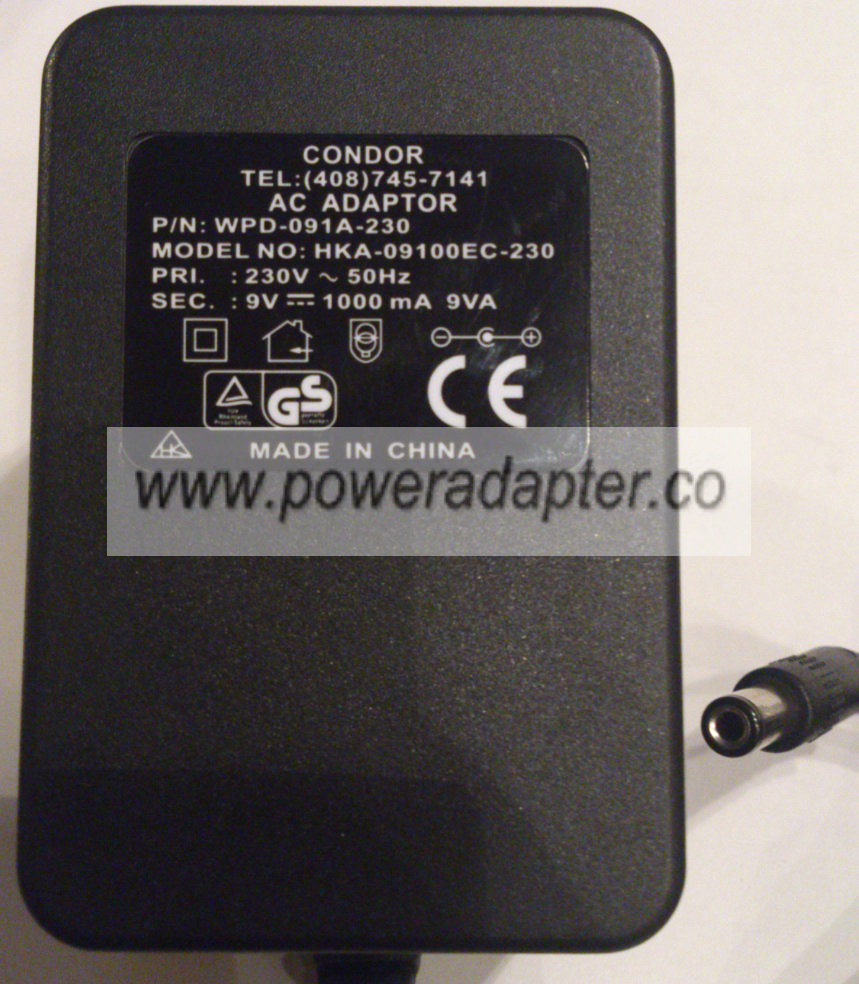 CONDOR HKA-09100EC-230 AC ADAPTER 9VDC 1000mA 9VA Used 2.4x5.5mm - Click Image to Close