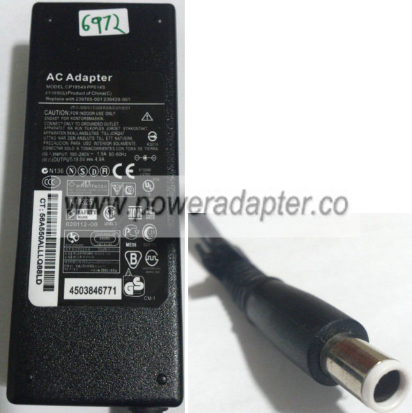 CP18549 PP014S AC ADAPTER 18.5VDC 4.9A Used -( )- 1 x5x7.5mm - Click Image to Close