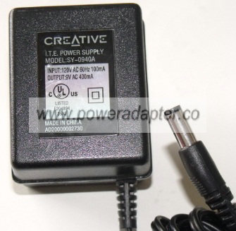 CREATIVE SY-0940A AC ADAPTER 9Vdc 400mA NEW 2 x 5.5 x 12 mm pow - Click Image to Close