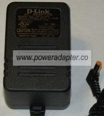 D-LINK AD-071A5 AC ADAPTER 7.5VDC 1.5A NEW 2 x 5.5 x 9.5mm