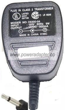 D9300-04 AC ADAPTER 12V 200mA DIRECT PLUG IN CLASS 2 TRANSFORMER - Click Image to Close