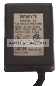 DATABYTE DV-9300S AC ADAPTER 9VDC 300mA CLASS 2 TRANSFORMER POW - Click Image to Close