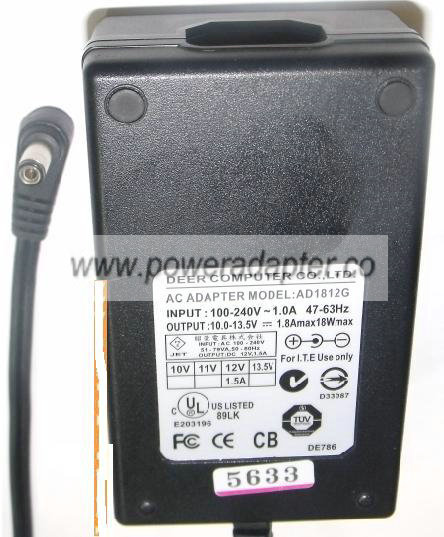 DEER AD1812G AC ADAPTER 10 13.5Vdc 1.8A -( )- 2x5.5mm 90 POWER - Click Image to Close
