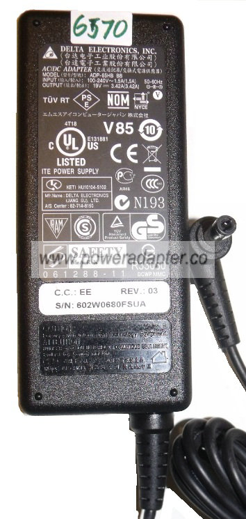 DELTA ADP-65HB BB AC ADAPTER 19VDC 3.42A Used 2.8 x 5.4 x 13.1 m