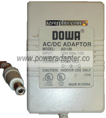 DOWA AD-138 AC DC ADAPTER 12V 800mA DIRECT PLUG IN POWER SUPPLY - Click Image to Close