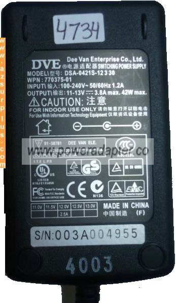 DVE DSA-0421S-12330 AC ADAPTER 13V 3.8A SWITCHING POWER SUPPLY - Click Image to Close