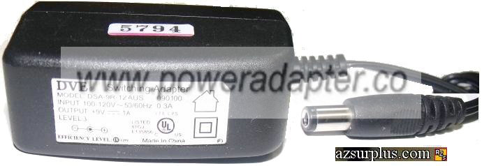 DVE DSA-9R-12AUS AC ADAPTER 9V 1A SWITCHING POWER SUPPLY - Click Image to Close